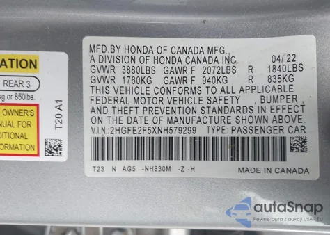 2022 Honda Civic Sport из США, поврежденный, VIN 2HGFE2F5XNH579299